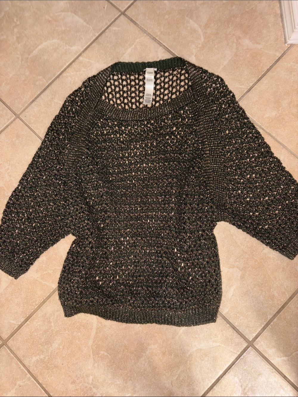Chico's Dark Green Metallic Open-Knit Scoop Neck Sweater